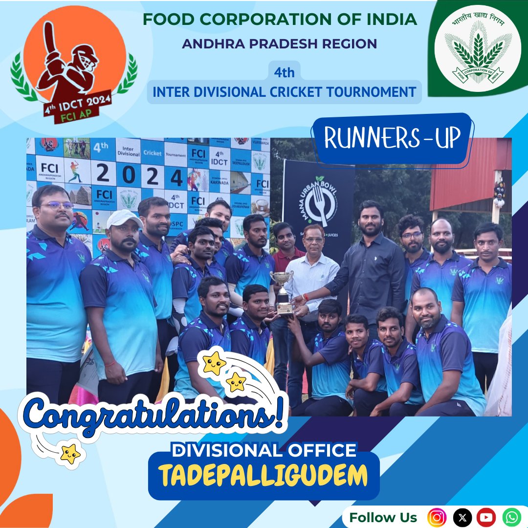 VijayapFdovja's tweet photo. 🏅 Congratulations DO-Tadepalligudem! 🏏
Congratulations to DO-Tadepalligudem for securing the Runner-Up position in the FCI AP Region 4th Inter-Divisional Cricket Tournament! 👏👏
#4thIDCT #FCIAPRegion #IDCT #FCI #Cricket #vijayawada #andhrapradesh
@FCI_India
@fcisouthzone_pr https://t.co/twjI8rgezw