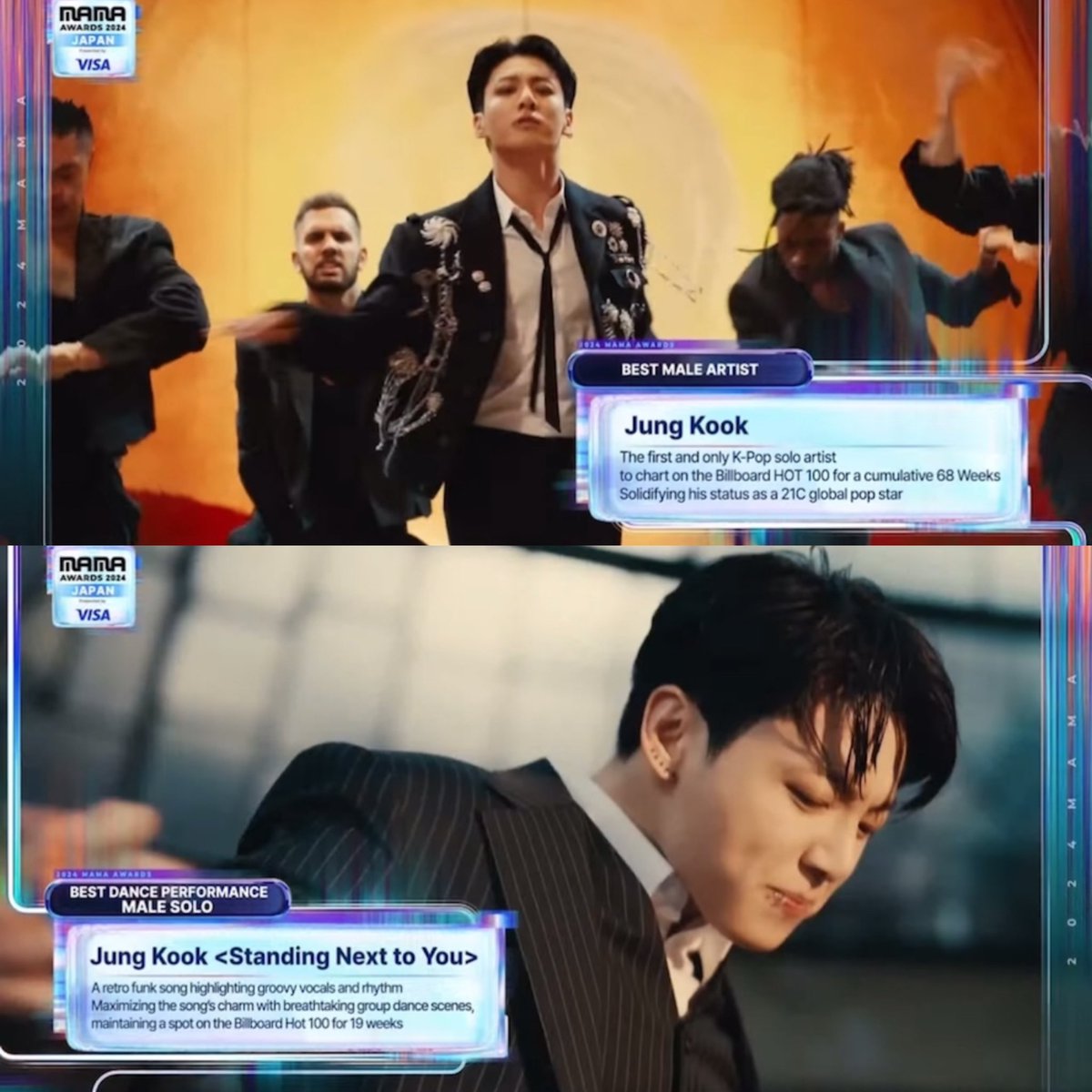 sevenrchive's tweet photo. JUNGKOOK has won BEST MALE ARTIST and BEST DANCE PERFORMANCE SOLO AT THE 2024 MAMA AWARDS!

• Jung Kook
The first and only K-Pop solo artist
to chart on the Billboard HOT 100 for a cumulative 68 Weeks. Solidifying his status as a 21C global pop star
• Standing Next to You 
A retro funk song highlighting groovy vocals and rhythm. Maximizing the song's charm with breathtaking group dance scenes, maintaining a spot on the Billboard Hot 100 for 19 weeks

CONGRATULATIONS JUNGKOOK 
#2024MAMAAWARDS