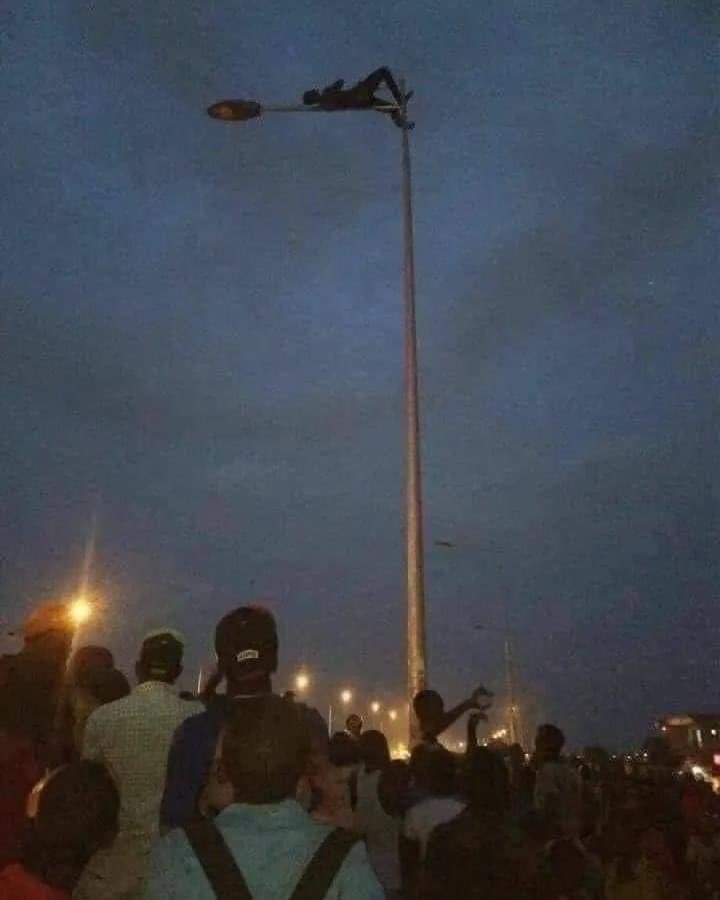 A Thief climbed a street lights to avoid beatings
