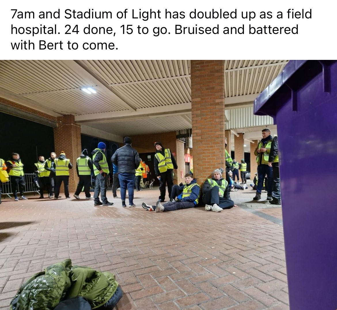Tadge33's tweet photo. At 9pm last night 50+ legends started a 39 miles walk from Seaton Sluice to @SacristonCCC in memory of @DerekDag who sadly passed away from #cancer at the age of 39. 

They made @SunderlandAFC SOL at 7am and have 5 hours to go with #stormbert incoming link to donate in comments https://t.co/JgqNi5HR4G