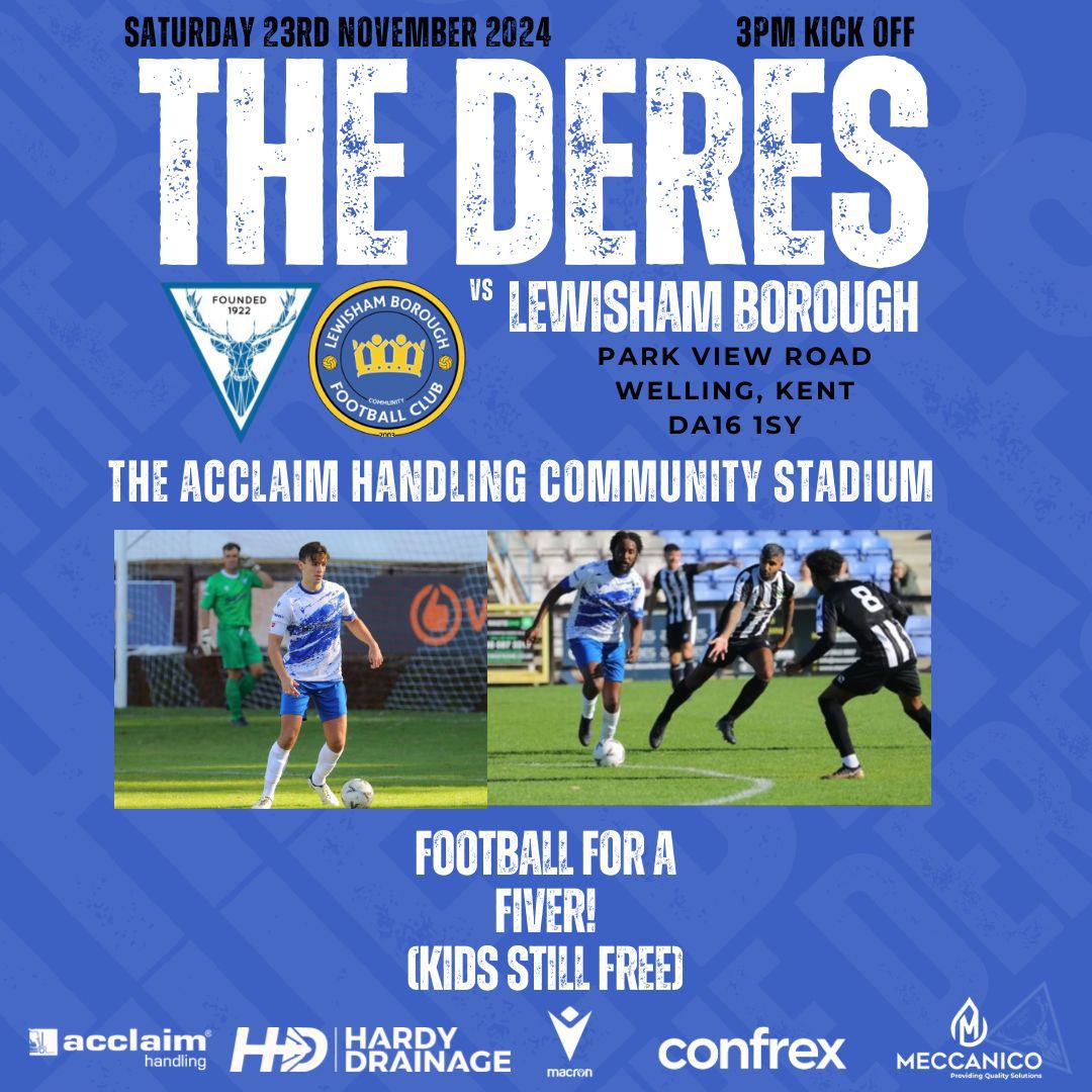 EBTheDeres's tweet photo. It's Match Day

📅Sat 23rd November
🆚@LewishamBoroCFC 
⏰3.00pm
🏆@scefl Challenge Cup
🏟️@AcclaimHandling  Community Stadium
📍DA16 1SY
💷£5 Adults &amp; Concessioms, Free U16's
🍺🍔Bar &amp; Food Available
🐶Dogs Welcome

Gates open 1.00pm

#UptheDeres🦌 https://t.co/1x0Po4lwfq