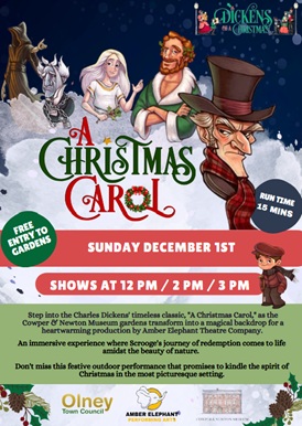 Visit <a href="/CowpNewtMuseum/">The Cowper & Newton Museum</a> for Olney's Dickens of a Christmas Sun 1st Dec 10.30am - 4pm  Adults £5, children and Annual passholders free! Delicious drinks and mince pies, 'A Christmas Carol' by Amber Elephant Performers, Beautiful festive gardens and C18th Museum rooms #Christmas