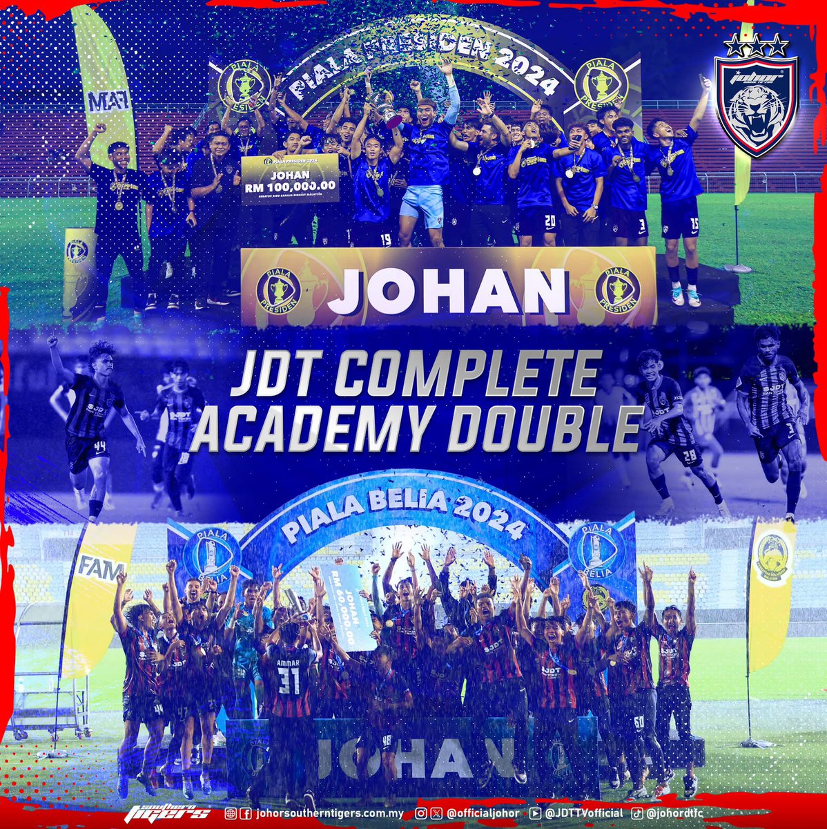 JDT LENGKAPI KEJUARAAN 'DOUBLE' AKADEMI!

Akademi Kelab Bolasepak Johor Darul Ta'zim (JDT) telah memenangi trofi Piala Presiden 2024 (JDT III) dan Piala Belia (JDT IV), kejuaraan 'double' pertama akademi untuk kelab.

Kami memiliki pasukan Bawah-18 dan Bawah-20 terbaik!

———

JDT