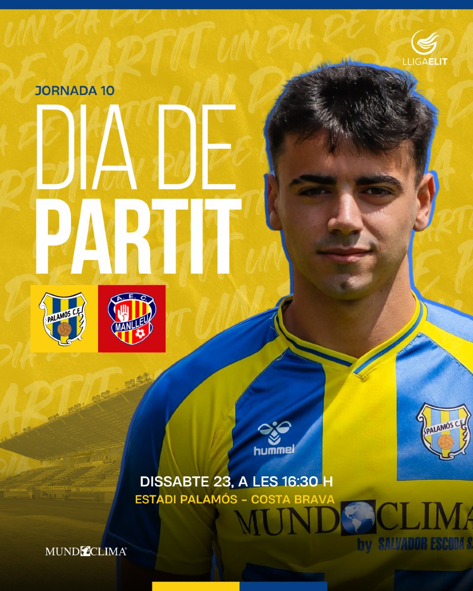 PALAMÓS CF 💙💛 (@palamoscf) on Twitter photo 🟡 𝗗𝗜𝗔 𝗗𝗘 𝗣𝗔𝗥𝗧𝗜𝗧 ☝️
📆 Dissabte 23/11
🆚 <a href="/aecmanlleu/">AEC Manlleu</a>
🏟 Estadi Mpal Palamós - Costa Brava
🕢 16:30h
🏆 Lliga Elit
📻 <a href="/radiopalamos/">Ràdio Palamós</a>
👊💙𝗦𝗢𝗠-𝗛𝗜 𝗣𝗔𝗟𝗔𝗠Ó𝗦!
#SocDelPalamósCF 💙💛
#LligaElit #futbolcat #futcat 🟡 𝗗𝗜𝗔 𝗗𝗘 𝗣𝗔𝗥𝗧𝗜𝗧 ☝️
📆 Dissabte 23/11
🆚 <a href="/aecmanlleu/">AEC Manlleu</a>
🏟 Estadi Mpal Palamós - Costa Brava
🕢 16:30h
🏆 Lliga Elit
📻 <a href="/radiopalamos/">Ràdio Palamós</a>
👊💙𝗦𝗢𝗠-𝗛𝗜 𝗣𝗔𝗟𝗔𝗠Ó𝗦!
#SocDelPalamósCF 💙💛
#LligaElit #futbolcat #futcat