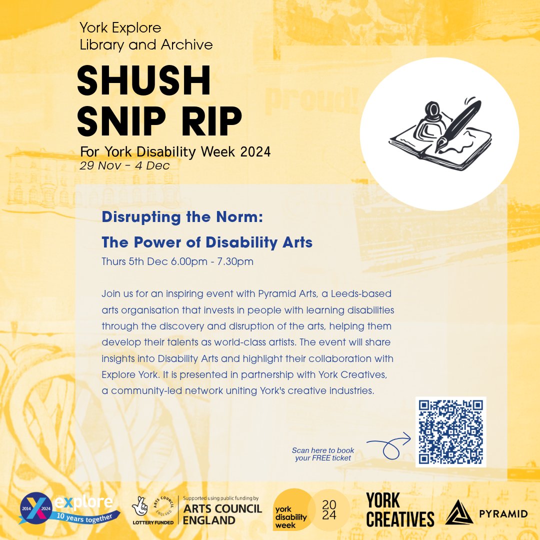 YorkExplore's tweet image. Have you got your ticket for Disrupting the Norm?🌟
We're hosting a discussion for @YorkDisability Week 2024 with Pyramid Arts & @YorkCreatives sharing their insights into disability arts.
Full programme & booking info here👉 exploreyork.org.uk/york-disabilit…
#LetsCreate #ExploreTogether