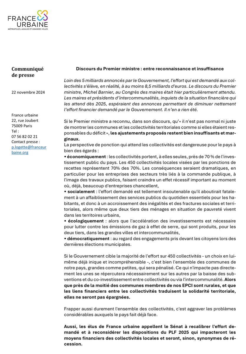 [🔴Communiqué de presse] Discours de <a href="/MichelBarnier/">Michel Barnier</a> au Congrès des maires : entre reconnaissance &amp; insuffisance.
❌ Les ajustements proposés restent insuffisants et marginaux.
↪️ Les élus appellent le <a href="/Senat/">Sénat</a> à recalibrer l'effort &amp; à reconsidérer les dispositions du PLF 2025.👇