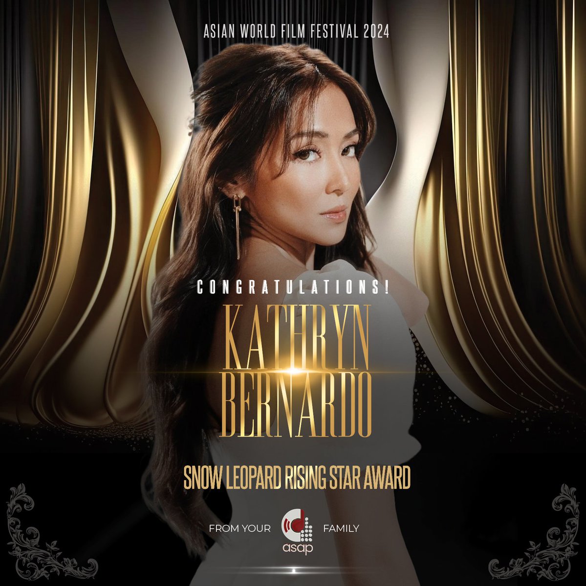 Kathryn was recently awarded the Snow Leopard Rising Star Award at the 10th Asian World Film Festival in California! ✨ 
Congratulations, Kathryn! We are proud of you! 👏🏻 From your ASAP Family