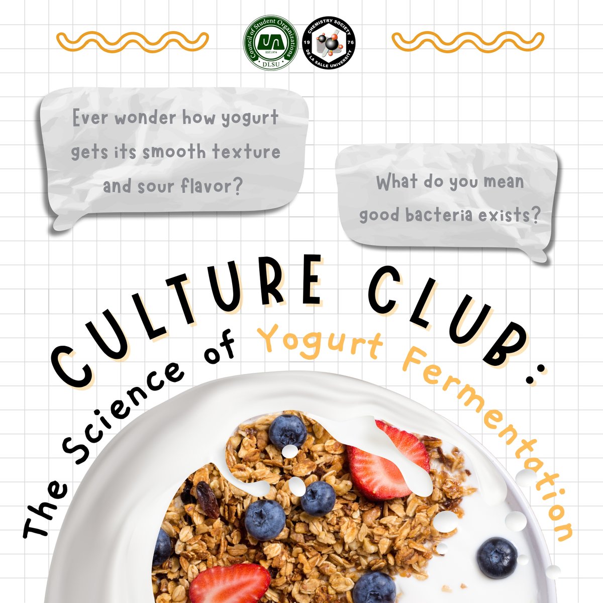 dlsuchemsoc's tweet photo. Ever wonder how yogurt gets that extra tangy flavor 🔍?  CHEMSOC’S CHEMTrivia presents you with Culture Club: The Science of Yogurt Fermentation 🍽️. https://t.co/lFIETl1fKK