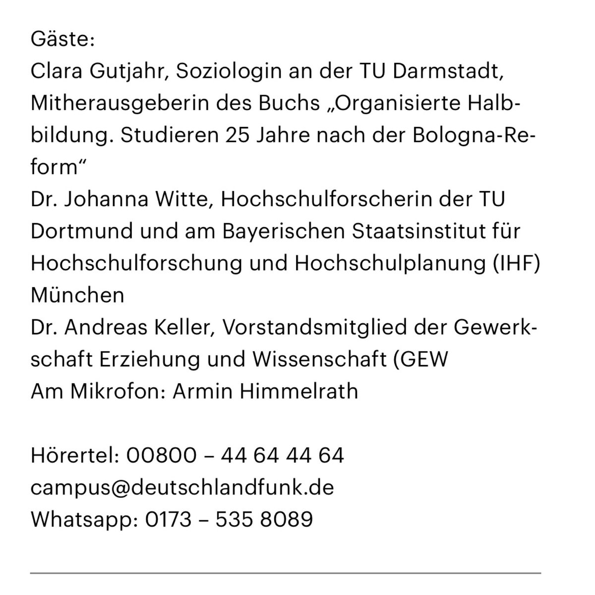 Heute, 14:05 Uhr, live auf #Deutschlandfunk: „25 Jahre #Bologna-Prozess: Wie gut funktioniert der Europäische Hochschulraum?"  Darüber diskutiere ich mit Johanna Witte und Clara Gutjahr, es moderiert <a href="/AHimmelrath/">@AHimmelrath@nrw.social</a>.