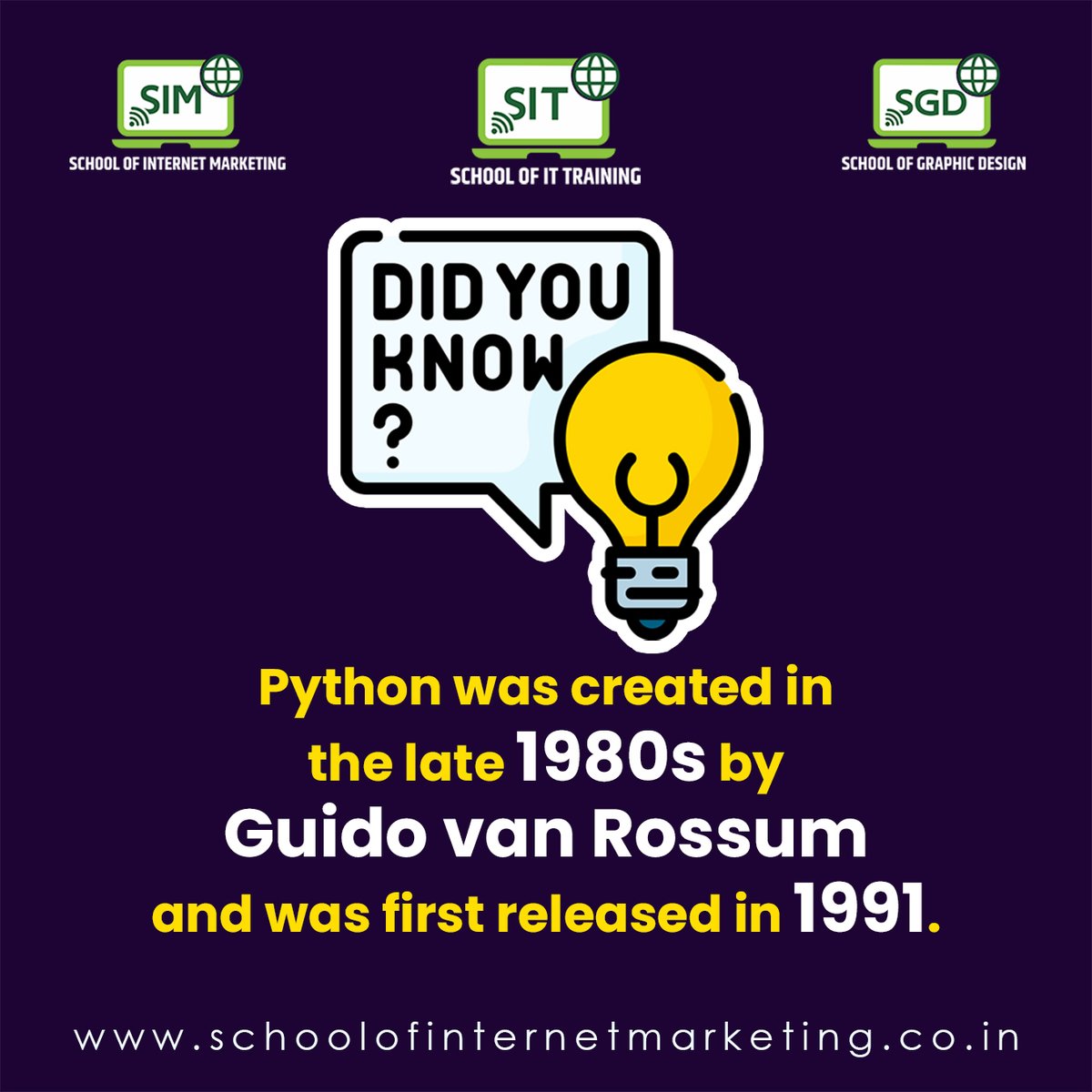 SIT_SchoolofIT's tweet photo. 🤔Did You Know?
👉Python Was Created in the late 1980s by Guido Van Rossum and Was First Released in 1991.

#schoolofinternetmarketing #schoolofittraning #schoolofgraphicdesign #DidYouKnow #didyouknow #DidYouKnowThis #datascience #datascience #DataScienceJobs #datasciencejob https://t.co/eRwuIOTI7z