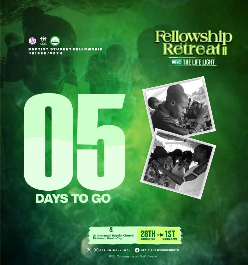 bsfunibenubth's tweet photo. Just Five Days To Go 🔥🔥🔥

Let’s gear up in prayer and preparation 

👉 Register now by clicking the link and filling out the form.

https://t.co/oHmhwiEr3l

Fellowship Retreat 2024 is going to be life-changing!

#bsfunibenubth #fellowshipretreat2024 #5daystogo #uniben #camp https://t.co/FqZqEVTAtE