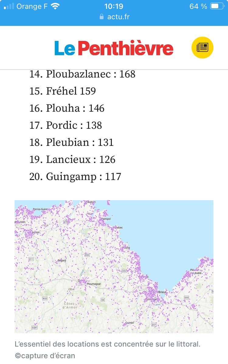 Vers un débat sur la location de courte durée à l'échelle de @GuingampPaimpol ?  Ça se profile. Je le souhaite. Voici ce que j'ai dit lundi soir au conseil municipal de #Guingamp :  Les Côtes-d'Armor comptent plus de 12 000 logements proposés sur le site Airbnb. Le top 20 des