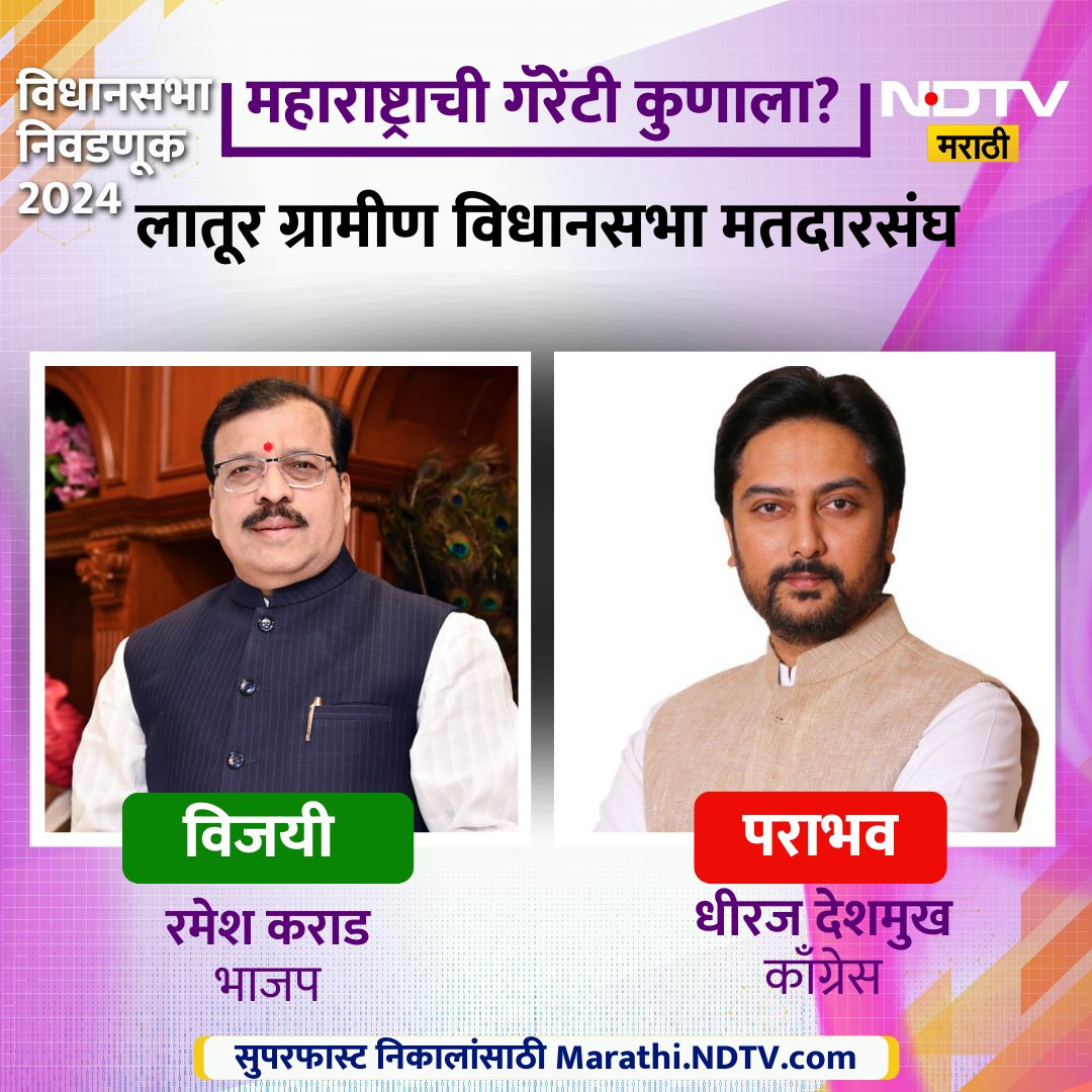 NDTVMarathi's tweet image. लातूरात काँग्रेसचा मोठा पराभव धीरज देशमुखांचा रमेश कराड यांनी  केला पराभव
#DhirajDeshmukh #RameshKarad #NDTVMarathi