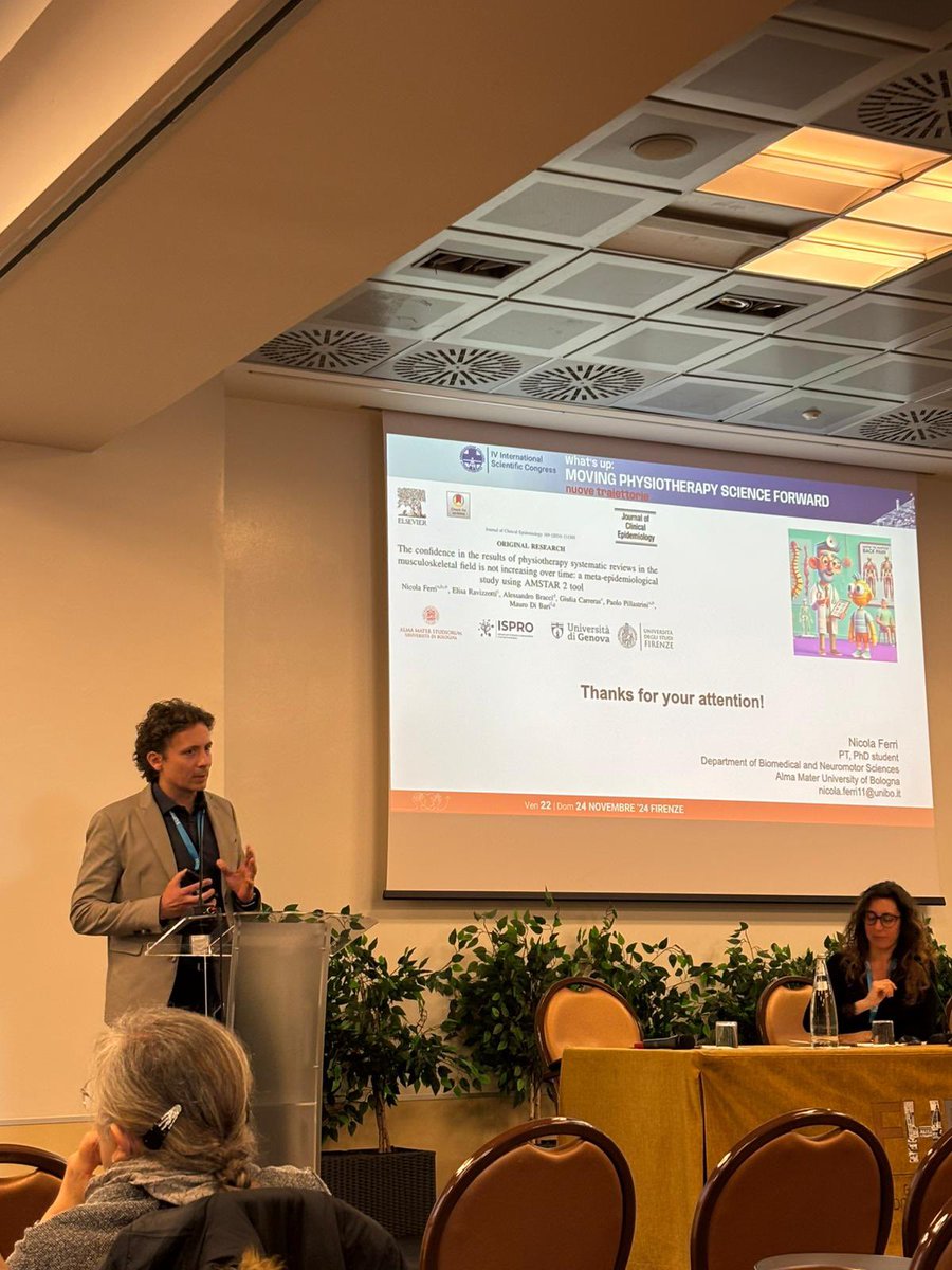 Tiziano Innocenti, PhD (@innocenti_tzn) on Twitter photo Great presentation by <a href="/_NicolaFerri/">Nicola Ferri</a> on another brilliant #metaresearch study published in <a href="/JClinEpi/">Journal of Clinical Epidemiology</a> .
This time, the study explored the quality (with #amstar2) and trends over time of SRs in physiotherapy.
Happy to see so many Italian colleagues interested in meta-research! Great presentation by <a href="/_NicolaFerri/">Nicola Ferri</a> on another brilliant #metaresearch study published in <a href="/JClinEpi/">Journal of Clinical Epidemiology</a> .
This time, the study explored the quality (with #amstar2) and trends over time of SRs in physiotherapy.
Happy to see so many Italian colleagues interested in meta-research!