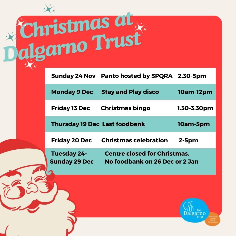 We've got some great activities coming up over the Christmas period, and you are very welcome to join in!

Dalgarno Trust will be closed from 24-29 December, and there will be no foodbank on 26 December and 2 January.