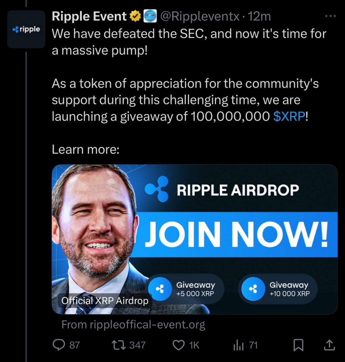 🚨Warning this is a Scam. Please Retweet to protect the XRP Community. 🚨  ⚠️ Fake Ripple Twitter account. ⚠️ Real = @Ripple Real = @bgarlinghouse