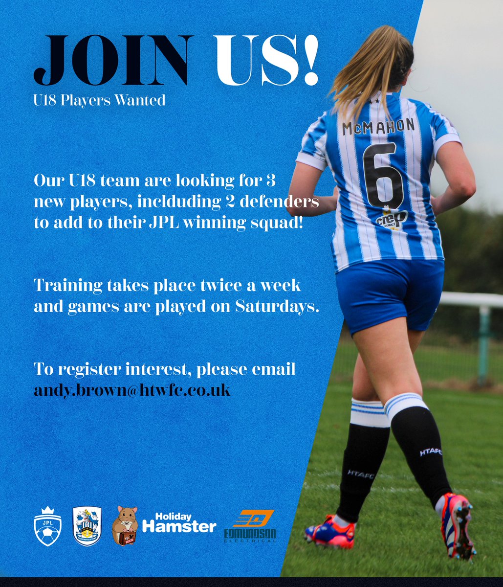 🏆 JOIN OUR U18 JPL WINNING SIDE!

Our Under 18's are looking for 3 new players. More information can be found below 👇

💙 #HTWFC || #HTAFC #UTT