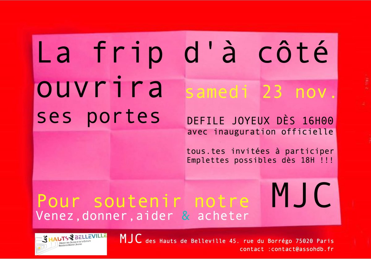 Inauguration de la nouvelle boutique vintage #mjc #hautsdebelleville 
C’est aujourd’hui métro #télégraphe
#ess
#durable 
Et en plus on peut  s’y rencontrer, discuter, prendre un verre, il y a des jeux pour les enfants, des canapés pour les ados affalés. 
Venez 🥰!
<a href="/Mairiedu20/">Mairie du 20e</a>