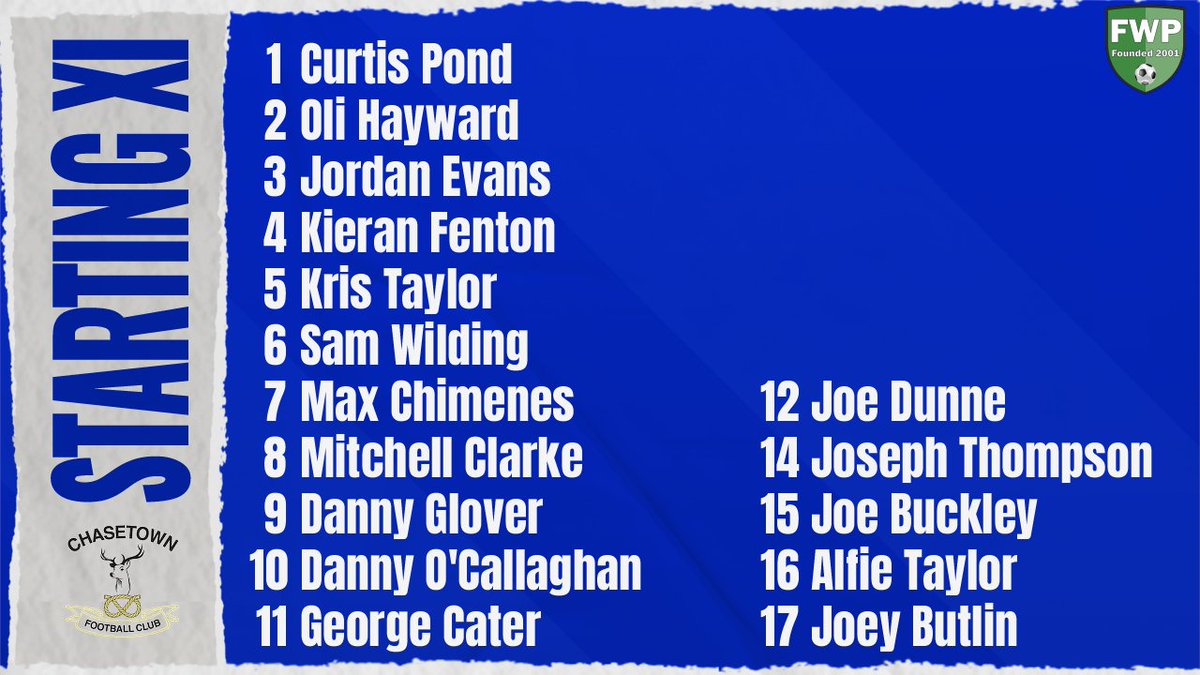 CHASETOWN: Pond Hayward Evans Fenton Taylor Wilding Chimenes Clarke Glover O'Callaghan (C) Cater; SUBS: Dunne Thompson Buckley Taylor Butlin <a href="/PitchingIn_/">Pitching In</a>