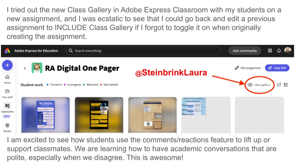Lᴀᴜʀᴀ Sᴛᴇɪɴʙʀɪɴᴋ 🎸#RockNTheBoat (@steinbrinklaura) on Twitter photo 🚨FEATURE ALERT🚨
Have you tried <a href="/AdobeExpress/">Adobe Express</a> 's Class Gallery on an assignment in #AdobeExpress classroom? Love this! I just tried it and will use it often! See below & catch the tutorial here ➡️ youtu.be/0qwrZiFZtQs?si…
#AdobeEduCreative #Adobe4Education 🚨FEATURE ALERT🚨
Have you tried <a href="/AdobeExpress/">Adobe Express</a> 's Class Gallery on an assignment in #AdobeExpress classroom? Love this! I just tried it and will use it often! See below & catch the tutorial here ➡️ youtu.be/0qwrZiFZtQs?si…
#AdobeEduCreative #Adobe4Education