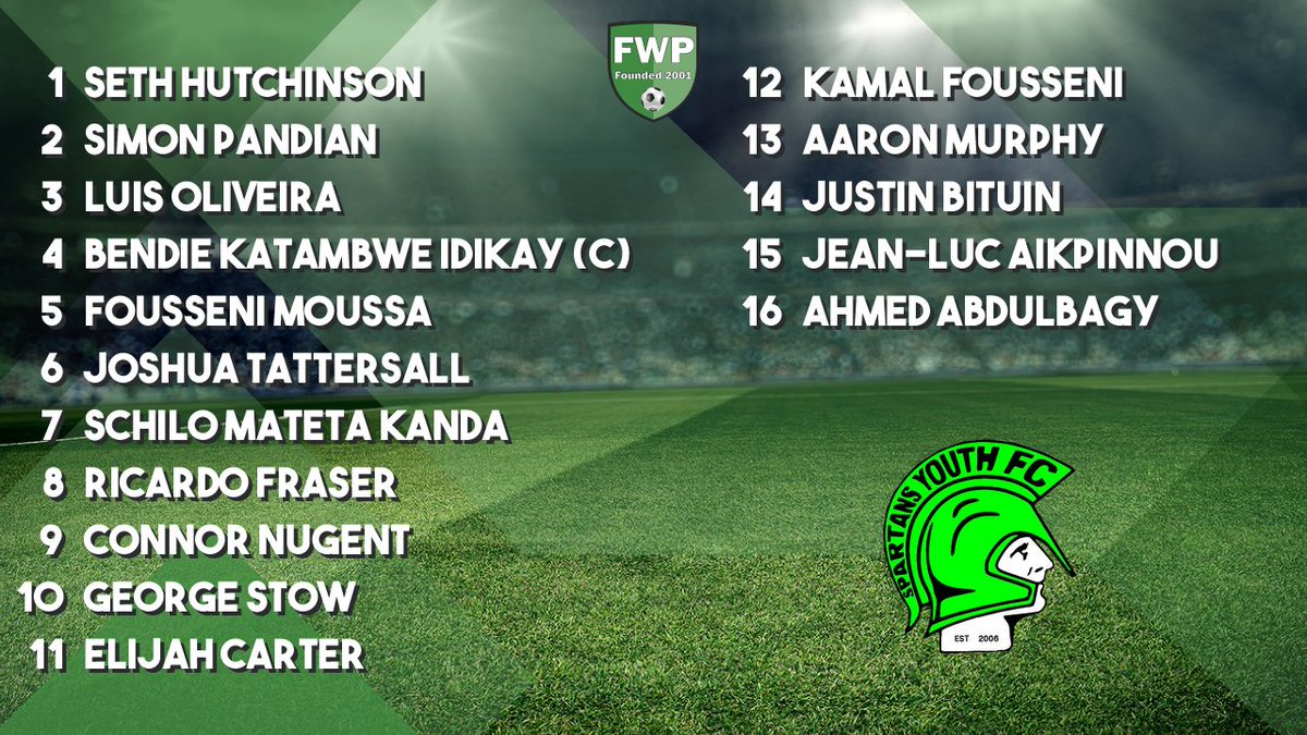 SPARTANS YOUTH: Hutchinson Pandian Oliveira Idikay (C) Moussa Tattersall Mateta kanda Fraser Nugent Stow Carter; SUBS: Fousseni Murphy Bituin Aikpinnou Abdulbagy fwp.co/DZVyYu