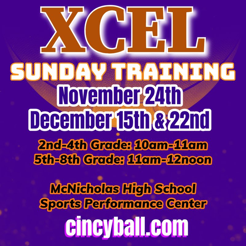 🏀Xcel Sunday Training🏀
November 24, December 15 &amp; 22
Register at cincyball.com