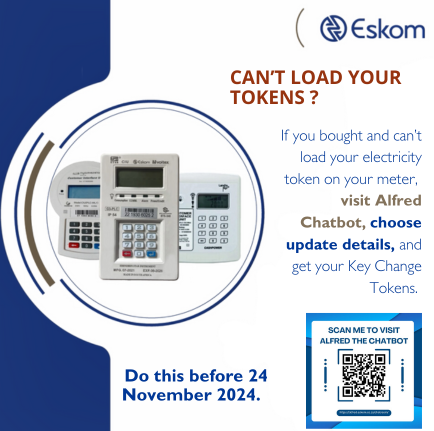 Eskom_SA's tweet photo. Attention all Eskom prepaid customers!
If you bought and cannot load your electricity token on your meter, visit the Eskom chatroom at https://t.co/G9upamfEQz to get your Key Change Token. https://t.co/t8OdIxHemB