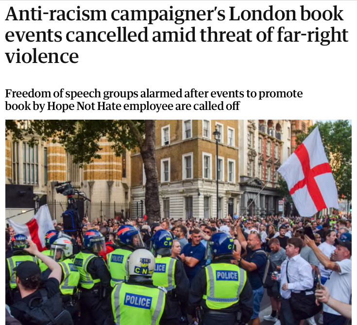 Jonathan_K_Cook's tweet photo. The misnamed Hope Not Hate "anti-racism" group – much loved by the Guardian and Billy Bragg – is having to cancel events because of threats of violence from an emboldened far-right. 

That's the same Hope Not Hate that helped weaponise antisemitism against Corbyn and the real anti-racist left in order to hound them out of the Labour party, easing the path to power of the genocide-supporting Starmerites.

In other words, Hope Not Hate helped destroy hope of political change and ensured hate – of Palestinian rights – was at the heart of Labour foreign policy.

Now the group – backed by the Guardian – has the nerve to emote over its troubles because the far-right is on the rise. Of course, it is. Hope Not Hate empowered the violent far right by smearing real progressive, anti-racist politics.

Note too the Guardian's outpouring of concern that Hope Not Hate has had to cancel a book launch because of the threat of far-right violence. 

Where was similar concern – in fact, any concern – from the Guardian at the chilling effect of British "counter-terrorism" police terrorising journalists like Asa Winstanley and Richard Medhurst and real anti-racism activists with raids on their homes, arrests and legal charges because they, unlike the Guardian, never bought into the campaign of antisemitism smears, and rejected the politics of hate directed towards Palestinians that smoothed the path to genocide.

The threat posed to the real anti-racist left by the state is much, much more serious than the threat posed by far-right thugs, riding on the coat-tails of the state's crackdown on the progressive left.