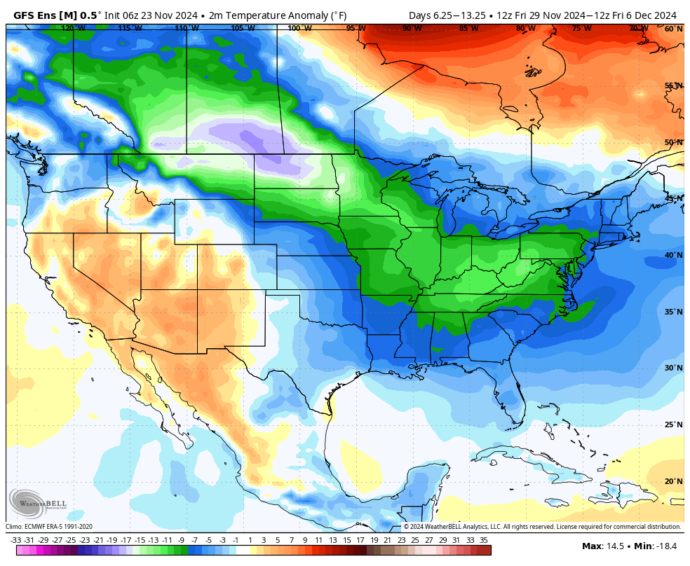 JamesBryantWX's tweet photo. The opening days of December will likely be the coldest for Arkansas since 2018.

Data for 7-day temperature anomalies after Thanksgiving range from 8 to 12 degrees below the average.

The average for the time of year is highs in the upper 50s, lows in the 30s.

I expect we'll see several days with highs in the 40s and lows that will be below freezing.  

Temperatures should rebound by the end of the first week of December! #ARWX