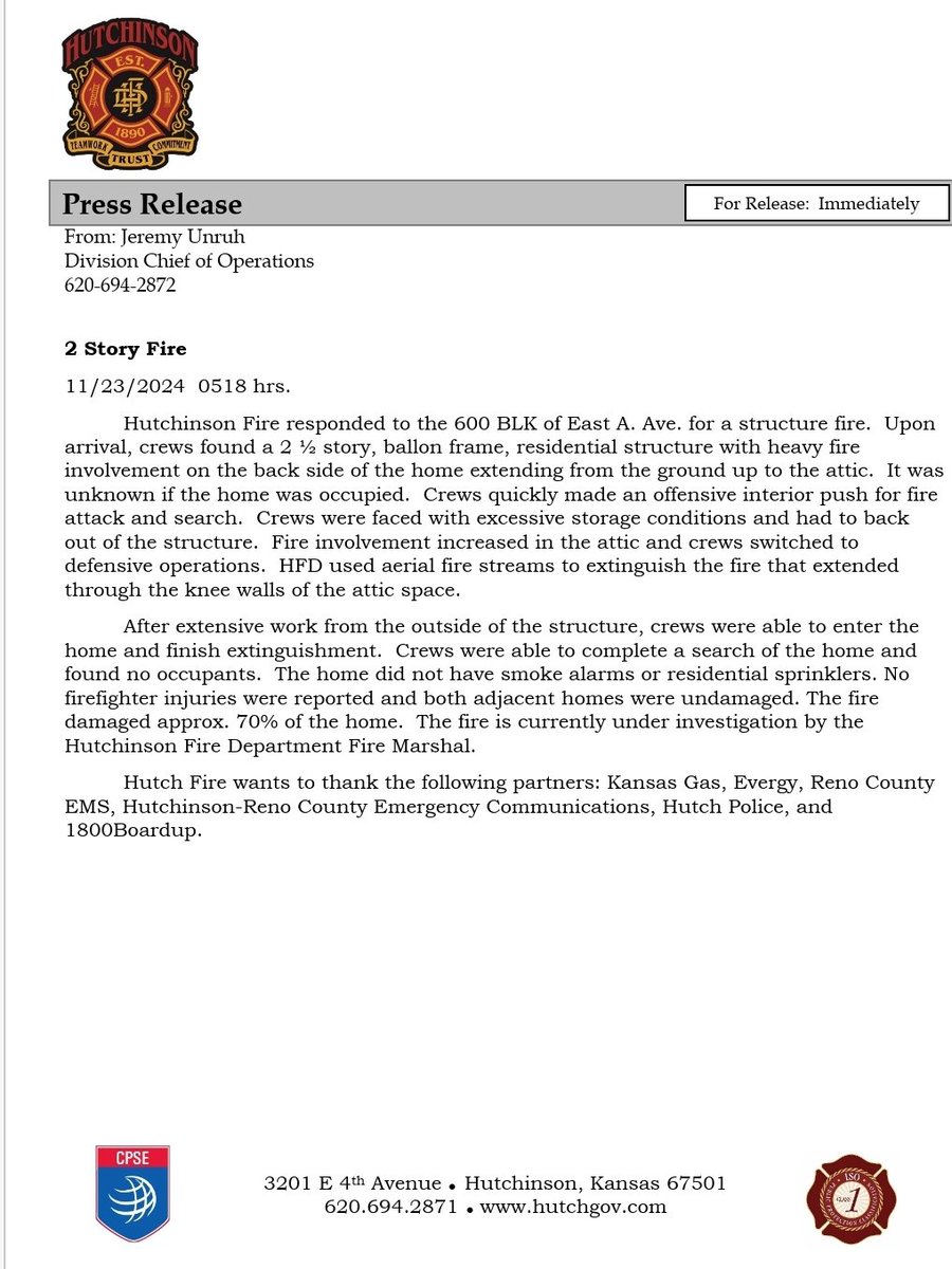 Press release for this mornings fire.