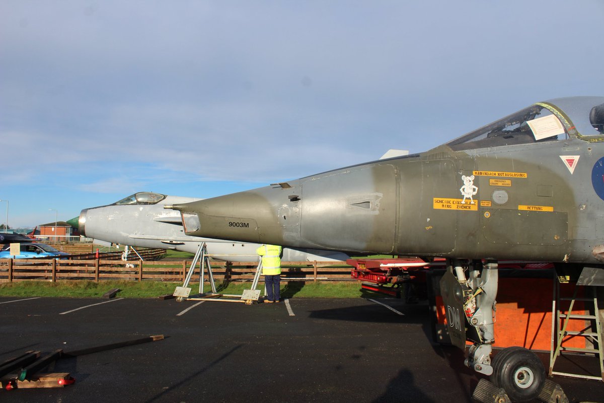 dumgalaviation's tweet photo. Our new aircraft, Jaguar XZ390, being photobombed by its older Cold War compatriot, Lightning ZF584, which is mid makeover just now.
If you're a fan of Cold War aircraft why not support our new Cold War exhibit?
https://t.co/6OKKll7ABh
#jaguar #lightning #coldwar #coldwarjets https://t.co/Ova8SppMEo