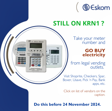 Eskom_SA's tweet photo. Attention all Eskom prepaid customers!

Take your meter number and GO BUY electricity immediately from legal vending outlets, click on the link to see list of vendors:  https://t.co/uGm2ZhrjCY https://t.co/2oEgqtq7iw