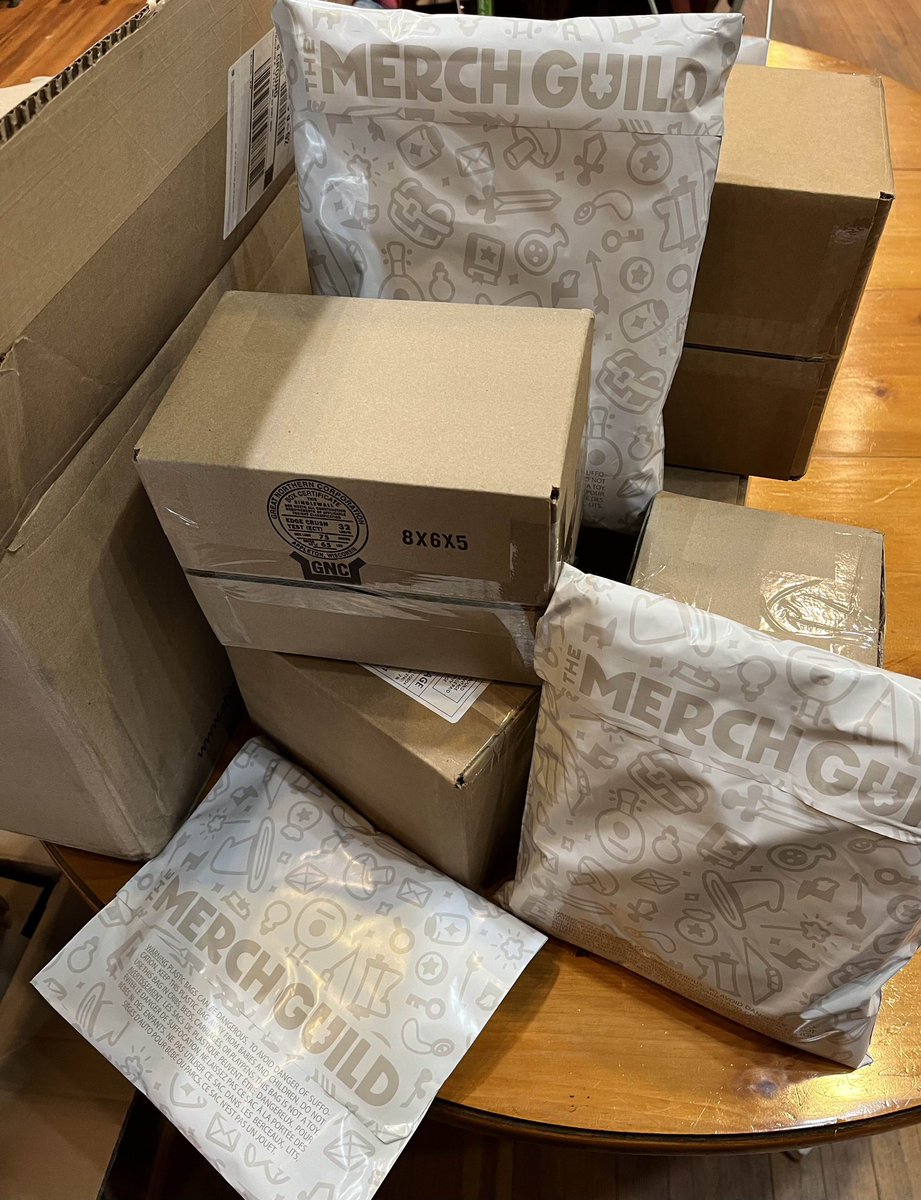 themerchguild's tweet photo. Just a small sample of @CasualfarmerBOC 's Beware Of Chicken merch shipping today from one of our US warehouses. Hundreds and hundreds of packages to go still - all shipping in the next few days! 
#BewareOfChicken #TheMerchGuild #ProgressionFantasy #BookMerch #RoyalRoad #LitRPG https://t.co/8agAzUYFJ8