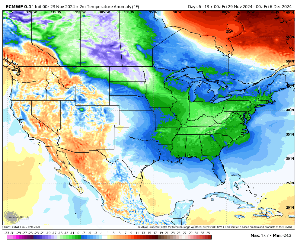 JamesBryantWX's tweet photo. The opening days of December will likely be the coldest for Arkansas since 2018.

Data for 7-day temperature anomalies after Thanksgiving range from 8 to 12 degrees below the average.

The average for the time of year is highs in the upper 50s, lows in the 30s.

I expect we'll see several days with highs in the 40s and lows that will be below freezing.  

Temperatures should rebound by the end of the first week of December! #ARWX