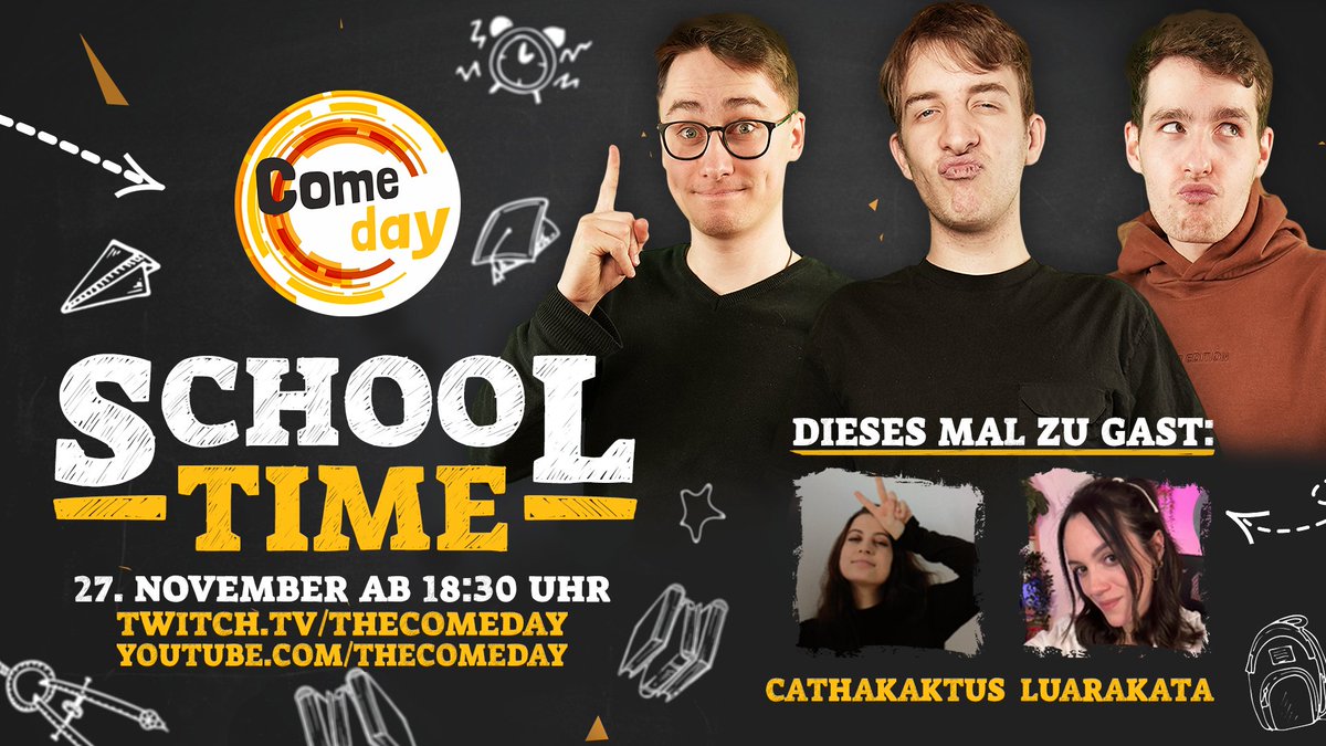 Am Mittwoch, den 27. November ab 18:30 Uhr geht's wieder zurück in die Schule, den es ist wieder COMEDAY SCHOOL-TIME 🏫🎒
Jakob schlüpft wieder in die Rolle des Lehrers und prüft Kevin, Benni sowie <a href="/cathakaktus/">catha</a> und LuaraKata auf ihr Schulwissen. Wer wird wohl Klassenbester?