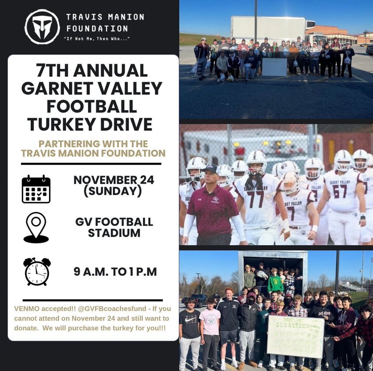 Game Day EVE for our <a href="/GarnetValleyFB/">Garnet Valley Football</a> Turkey Drive with <a href="/TMFoundation/">Travis Manion Foundation</a> and @Jimmwhiteiv1 y.  Help us fill that truck 🦃🦃🦃🦃