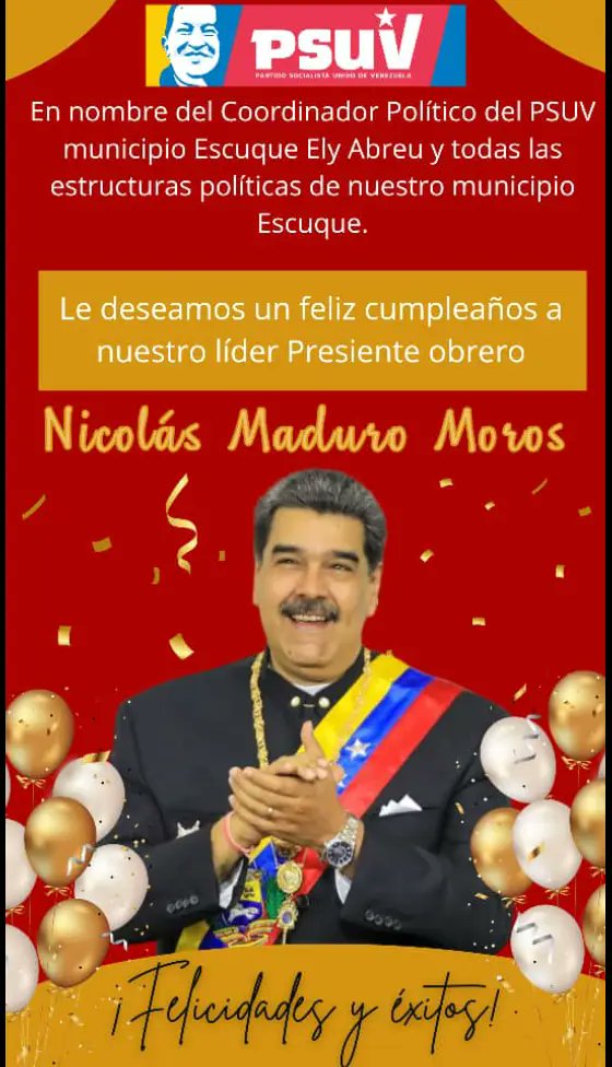 Desde la ancestral Ciudad de los Andes Venezolanos Escuque le deseamos al Presidente Nicolas Maduro Moros un feliz cumpleaños

Felicidades Presidente 

<a href="/NicolasMaduro/">Nicolás Maduro</a>
<a href="/partidopsuv/">PSUV</a>
@pcarrenoe
@magalygutierrezvina
<a href="/psuv/">PSUV</a>.trujillo20
@gerardomarquez4fpsuv
<a href="/jorgerpsuv/">Jorge Rodríguez</a>
<a href="/pinfantea/">Pedro Infante A.</a>