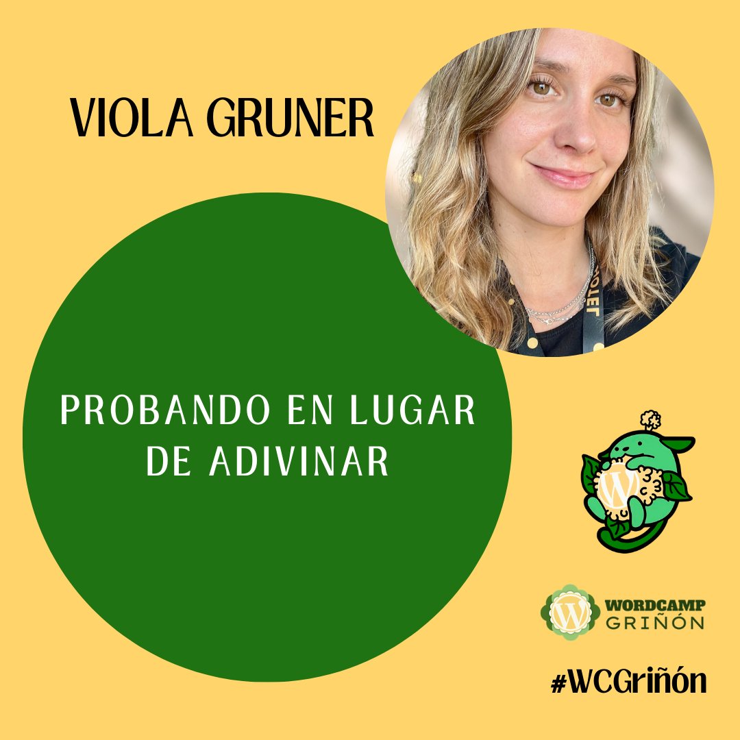 WordPress Griñón (@wpgrinon) on Twitter photo ⏰ 11:30 - 11:55
📍 Teatro
🗣️ Viola Gruner <a href="/GrunerViola/">Vio @WCEU25</a> nos habla sobre "Probando en lugar de adivinar"
#WCGriñón ⏰ 11:30 - 11:55
📍 Teatro
🗣️ Viola Gruner <a href="/GrunerViola/">Vio @WCEU25</a> nos habla sobre "Probando en lugar de adivinar"
#WCGriñón