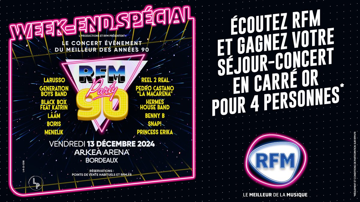 RFMFrance's tweet photo. 🎁 Replongez-vous dans les années 90 avec LE concert événement de #RFMParty90 regroupant une douzaine d'artistes !! 🔥
📌 Au signal de nos animateurs, envoyez par sms le code 90 au 7 39 16 (3x75cts€ + coût SMS) pour tenter de remporter votre séjour et 4 places en carré or ! https://t.co/b410FuRGJw