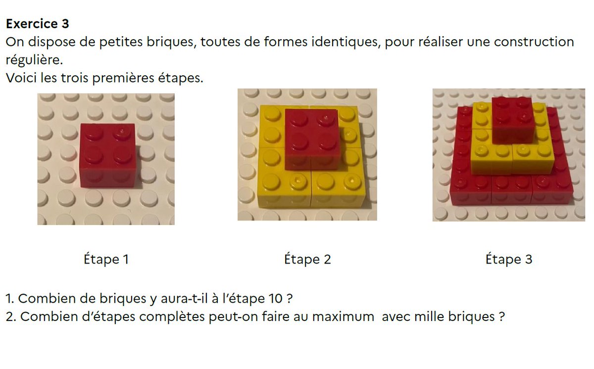 RallyeMath72's tweet image. 👉 Qu'avez-vous pensé de ces briques 🧱?

Pour ceux qui n'ont pas encore eu l'occasion d'y participer, voici l'exercice N°3 de la 2è partie de la 1è épreuve de cette édition 2024-25.

Alors : Combien d'étapes complètes peut-on faire au maximum avec mille briques 🤔?