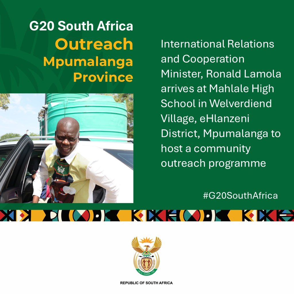 DIRCO_ZA's tweet photo. #DIRCOOutreachProgramme | The Minister of International Relations and Cooperation, Mr Ronald Lamola, is hosting a community outreach programme in Mpumalanga on Saturday, 23 November 2024. https://t.co/5cG9Rz9AYl