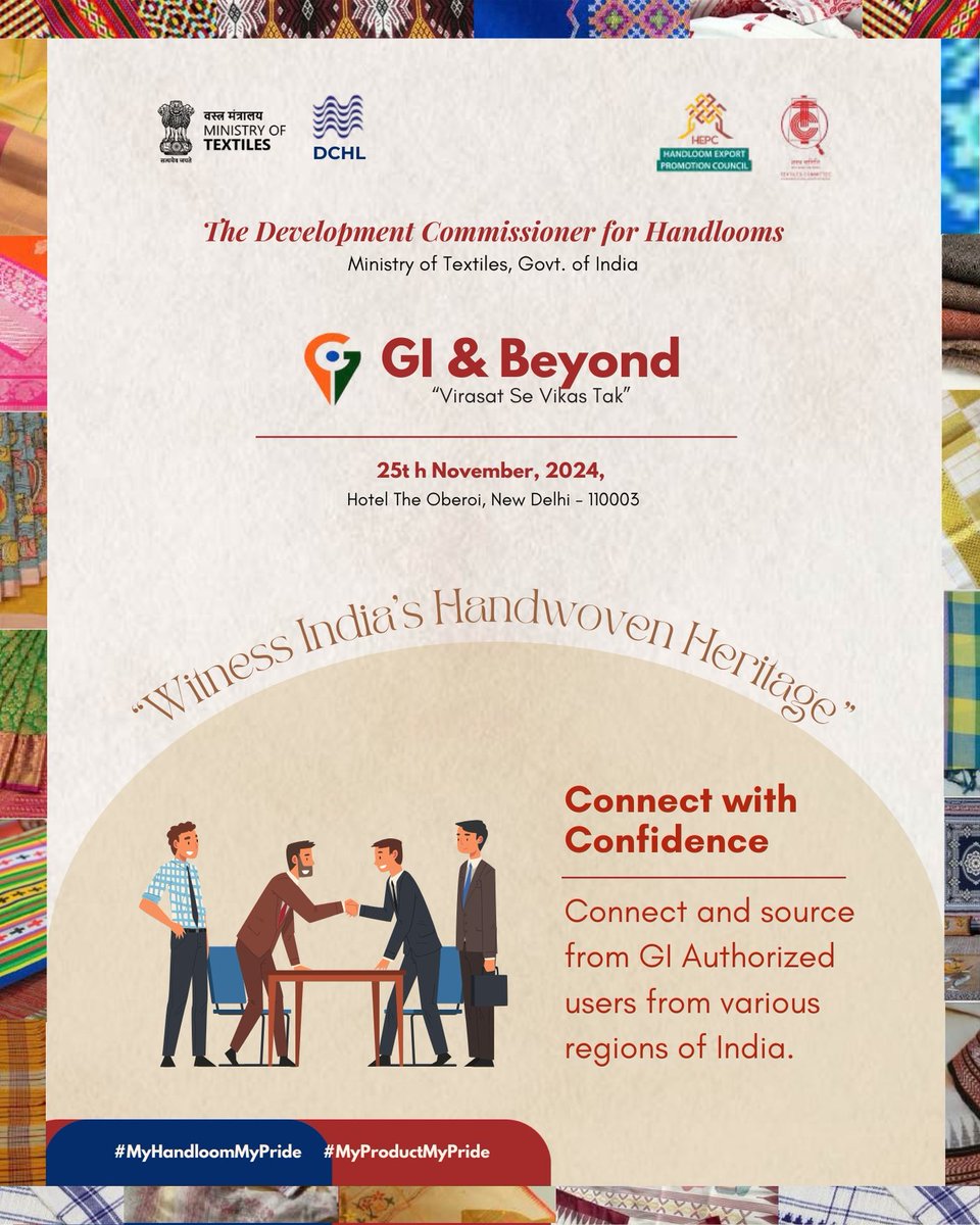 dchandlooms01's tweet photo. GI &amp; BEYOND "Virasat se Vikas Tak" event is on 25th November 2024 at The Oberoi Hotel New Delhi . Countdown begins 2 days to go . 
#dchandlooms #texminindia  #hepc #textilecommunity #giandbeyond #handlooms https://t.co/xaHiNQ61sR