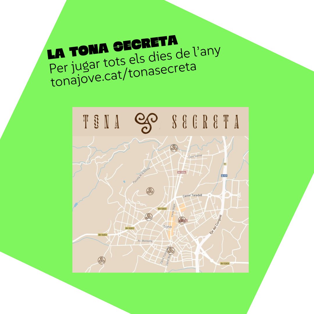 🤫 A la gent de Tona ens agrada molt jugar, i no deixem de fer-ho en tot l'any. Descobreix Tona Secreta, una proposta d’activitat que us anima a través del joc, a conèixer diversos indrets d’interès del poble.

tonajove.cat/tonasecreta/