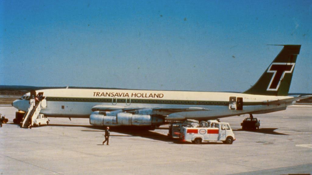 Transavia Airlines B720 at Gander c.1975. Transavia Airline, owned by KLM Royal Dutch Airline, is a subsidiary airline used for low budget charter work. The B720, a mini B707, was a frequent visitor at Gander due to their short fuel range.