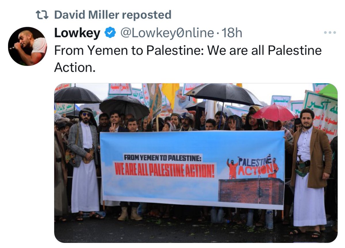 HeidiBachram's tweet photo. This is the most twisted thing I’ve seen for a long time. The Houthis supporting a UK pro-Pal group. A photo of Hamas leader Sinwar in the background and the Houthi flag flying with “curse be upon the Jews”. Is anyone going to do ANYTHING about Palestine Action? @YvetteCooperMP https://t.co/lFfyPAOKZn
