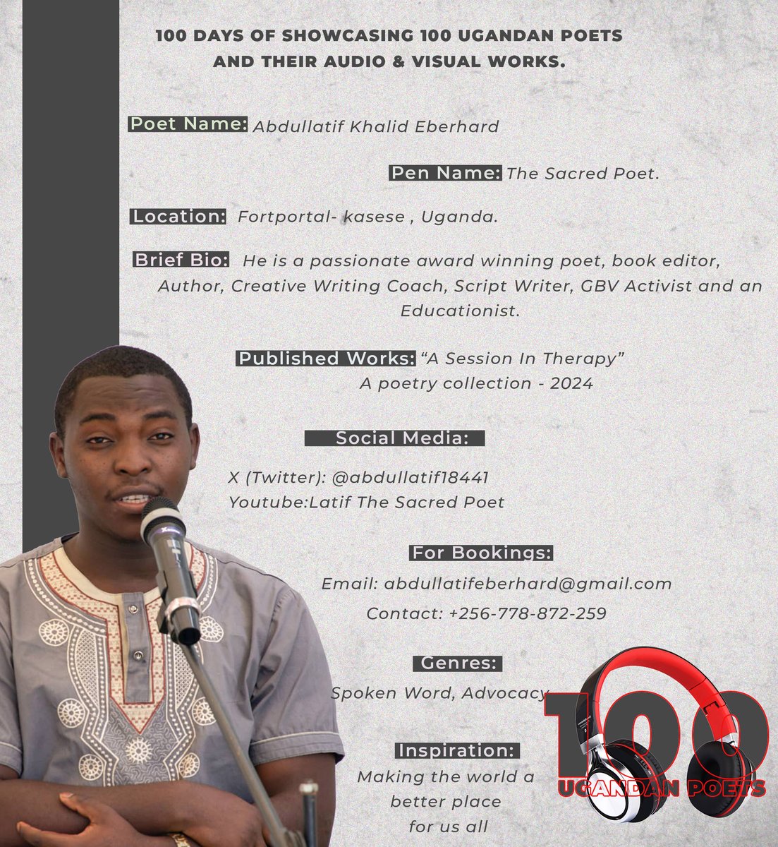 ugpoets's tweet photo. #PoetTen #DayTen
Name: @Abdullatif18441
Watch one of Latif's poetry recitals here 👇
https://t.co/EjELusY0PO
#100Days100Poets #UgandanPoetry #UgandaPoet #SpokenWord #Poetry https://t.co/Qmh0fFvqDJ