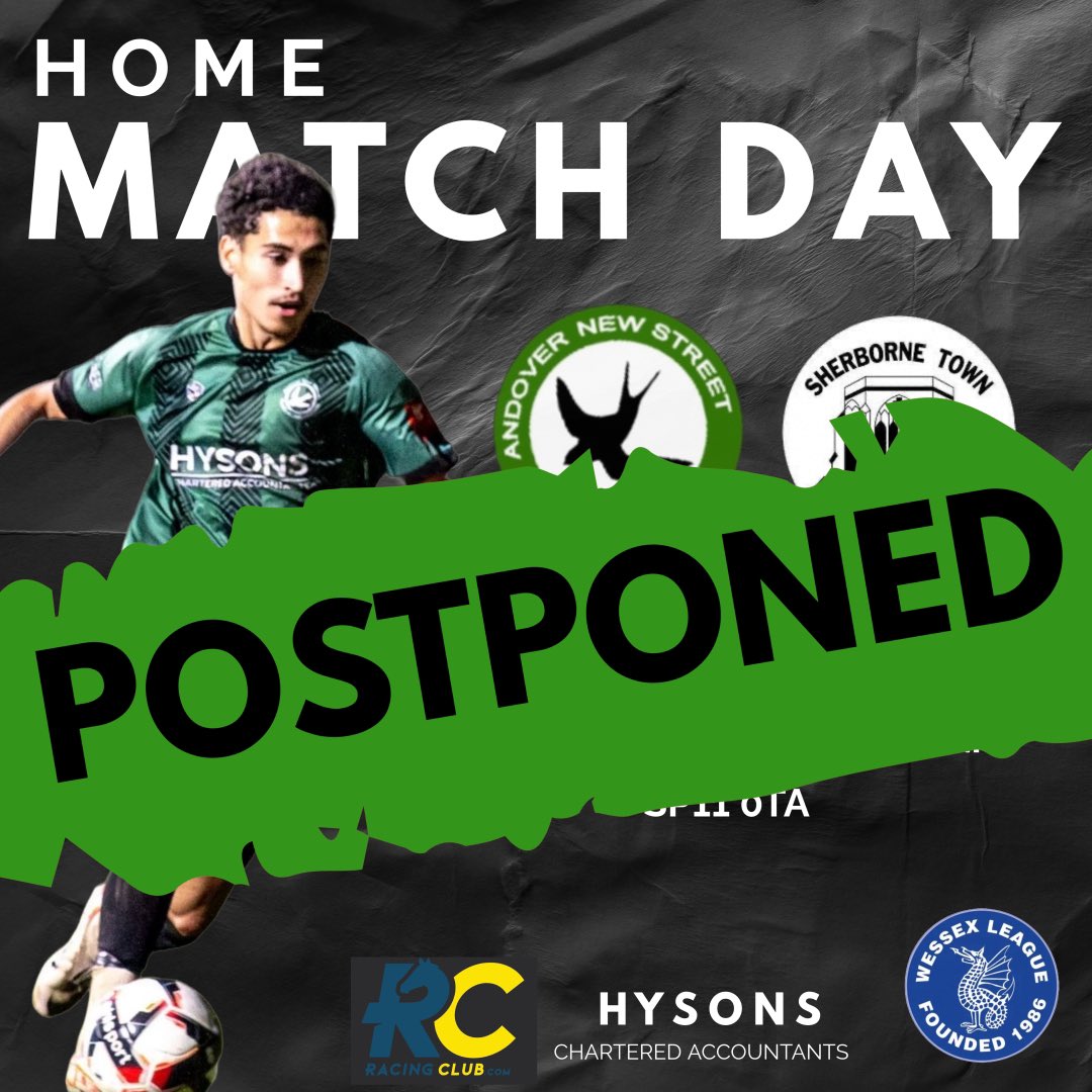 ANDOVER NEW STREET ๐๐คโฝ๏ธ (@andovernsfc) on Twitter photo Only thing that is winning today and thatโs the weather โ๏ธ
MATCH POSTPONED โฝ๏ธ
NEW MATCH DATE : TUESDAY 26th NOV
โฐ 19:45
<a href="/WessexLeague/">Velocity Wessex League</a> <a href="/SherborneTownFC/">Sherborne Town FC</a> Only thing that is winning today and thatโs the weather โ๏ธ
MATCH POSTPONED โฝ๏ธ
NEW MATCH DATE : TUESDAY 26th NOV
โฐ 19:45
<a href="/WessexLeague/">Velocity Wessex League</a> <a href="/SherborneTownFC/">Sherborne Town FC</a>