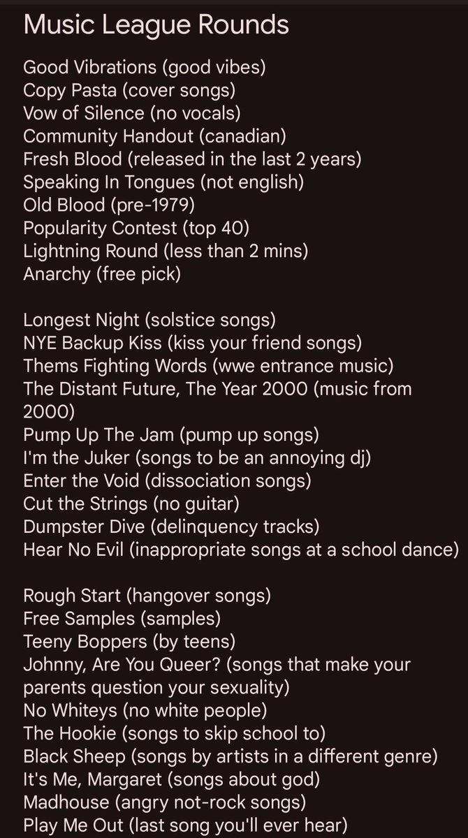 spineofbabel's tweet photo. a list of the 55 playlist themes plus notes
- 2 rounds to go
- longest night has an extra song to make up for an admin error
- fell in love with a girl isnt included twice cuz it won music video round and >2 min round
- still missing a song somewhere, maybe i'll check sometime https://t.co/9lAfxmqnY2