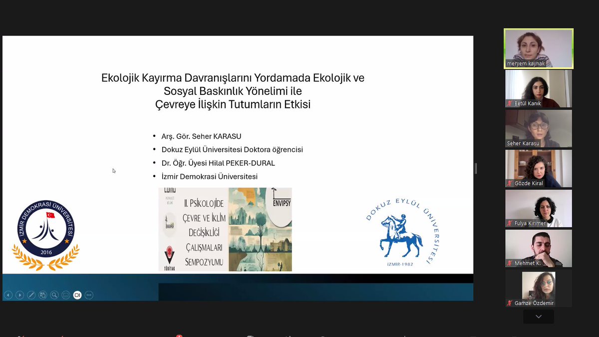 PsyEnvi's tweet photo. Seher Karasu ve Hilal Peker-Dural tarafından gerçekleştirilen "Ekolojik Kayırma Davranışlarını Yordamada Ekolojik ve Sosyal Baskınlık Yönelimi ile Çevreye İlişkin Tutumların Etkisi" başlıklı çalışmayı dinliyoruz. https://t.co/bSxmzJIilN