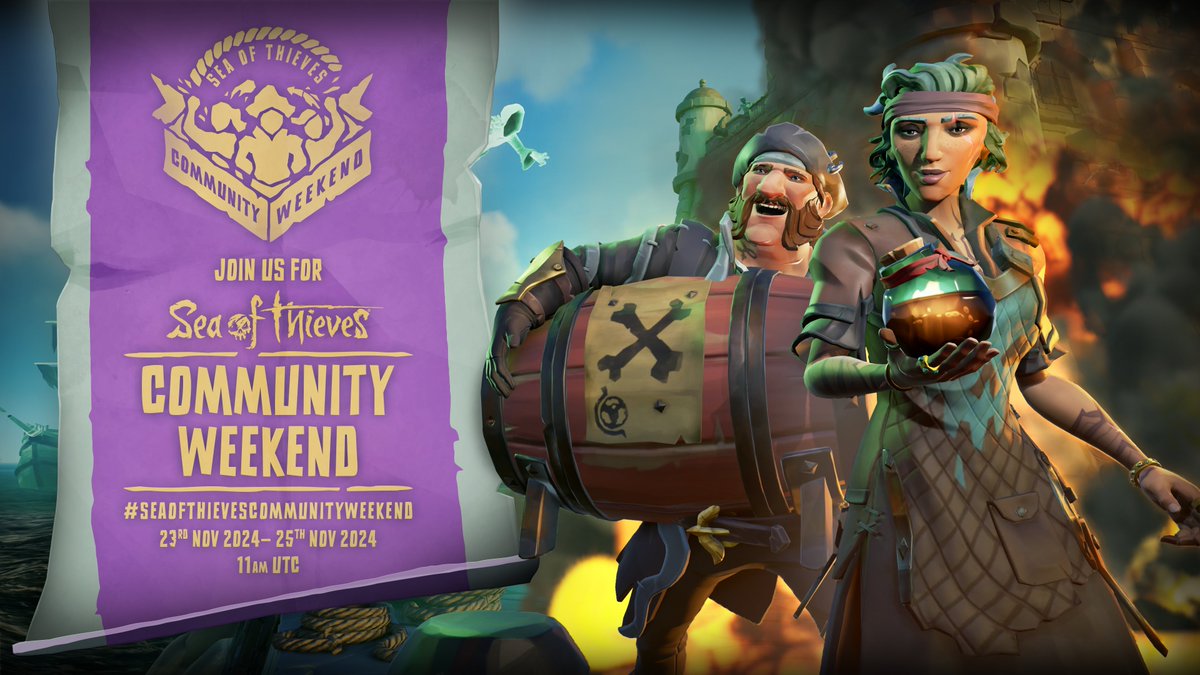 SeaOfThieves's tweet photo. Season 14 Community Weekend is now live until November 25th (11am UTC)! Get your free flag and Scorecard Emote simply by setting sail, boost the Community Emissary Grade multiplier by watching Sea of Thieves on Twitch and more! Read on to find out everything that's happening. ๐งต https://t.co/yKzHgBm8vT
